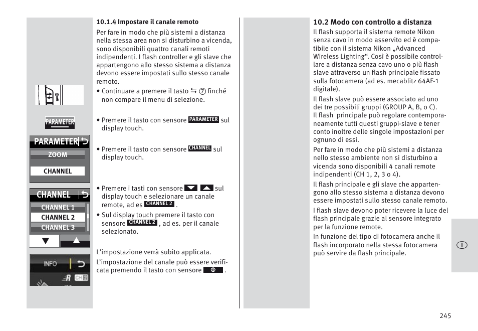 Parameter o, Channel o | Metz MECABLITZ 64 AF-1 digital Nikon User Manual | Page 245 / 334