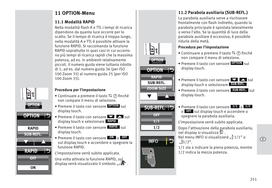 11 option-menu, Option o, Rapid o | Sub-refl. o | Metz MECABLITZ 64 AF-1 digital Nikon User Manual | Page 251 / 334