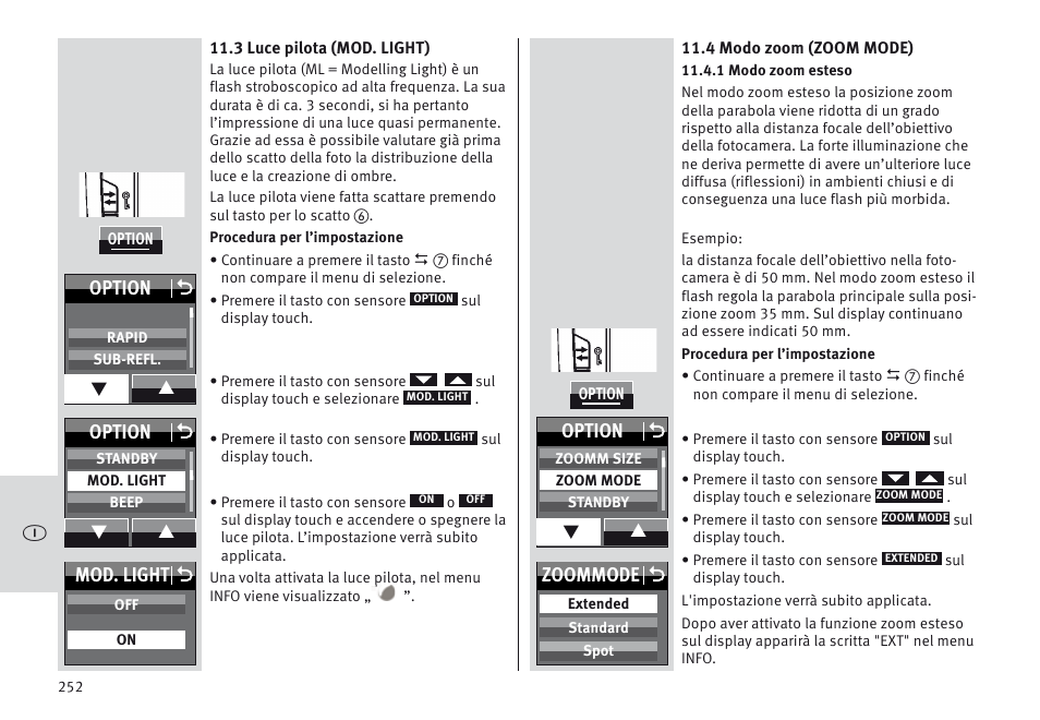 Mod. light o, Option o, Zoommode o | Metz MECABLITZ 64 AF-1 digital Nikon User Manual | Page 252 / 334