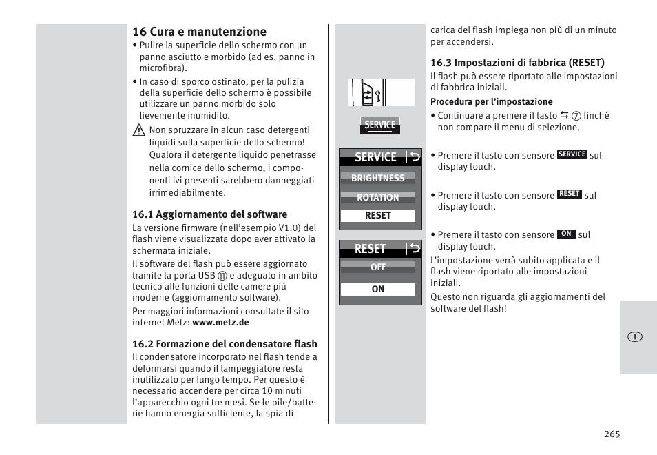 16 cura e manutenzione, Service o, Reset o | Metz MECABLITZ 64 AF-1 digital Nikon User Manual | Page 265 / 334