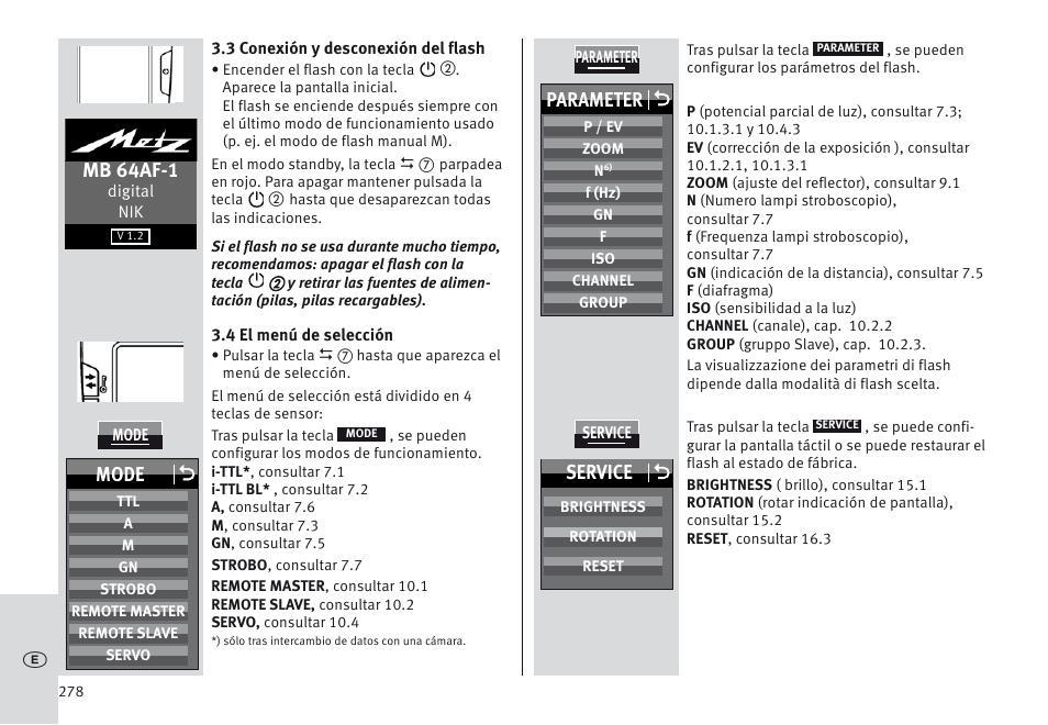 Mb 64af-1, Parameter o, Mode o | Service o | Metz MECABLITZ 64 AF-1 digital Nikon User Manual | Page 278 / 334