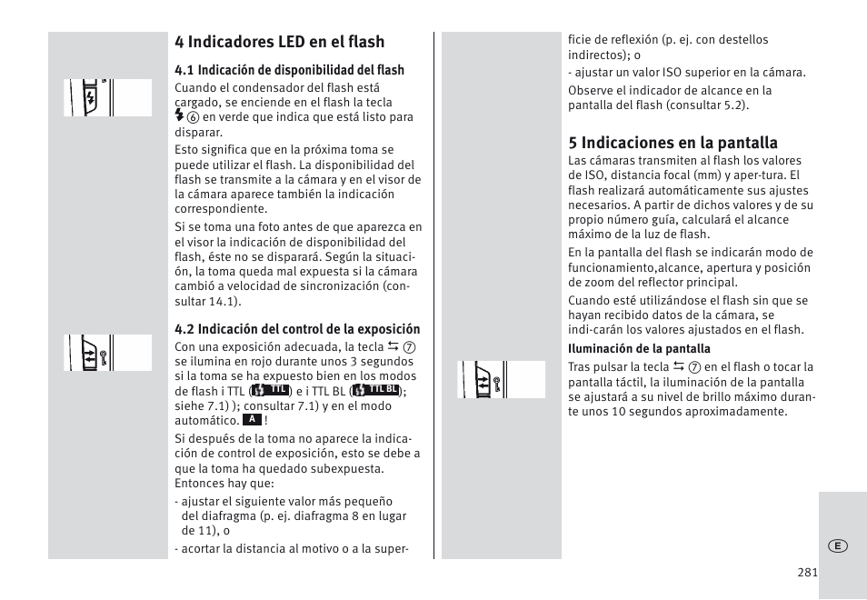 4 indicadores led en el flash, 5 indicaciones en la pantalla | Metz MECABLITZ 64 AF-1 digital Nikon User Manual | Page 281 / 334