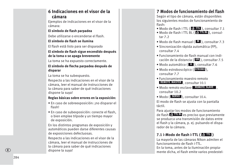6 indicaciones en el visor de la cámara, 7 modos de funcionamiento del flash | Metz MECABLITZ 64 AF-1 digital Nikon User Manual | Page 284 / 334