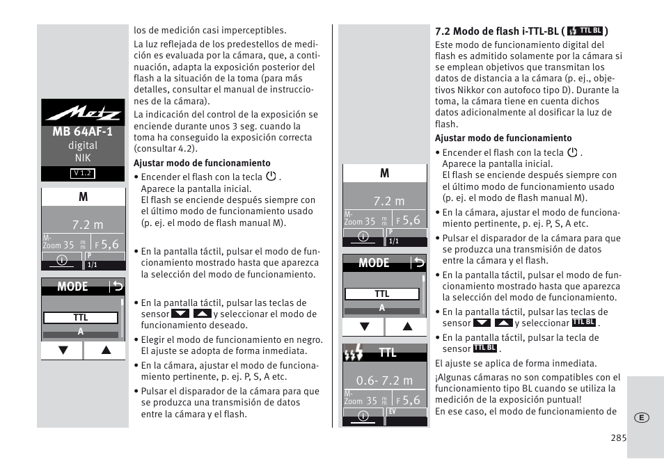 Mb 64af-1, Mode o, 7.2 m | Metz MECABLITZ 64 AF-1 digital Nikon User Manual | Page 285 / 334