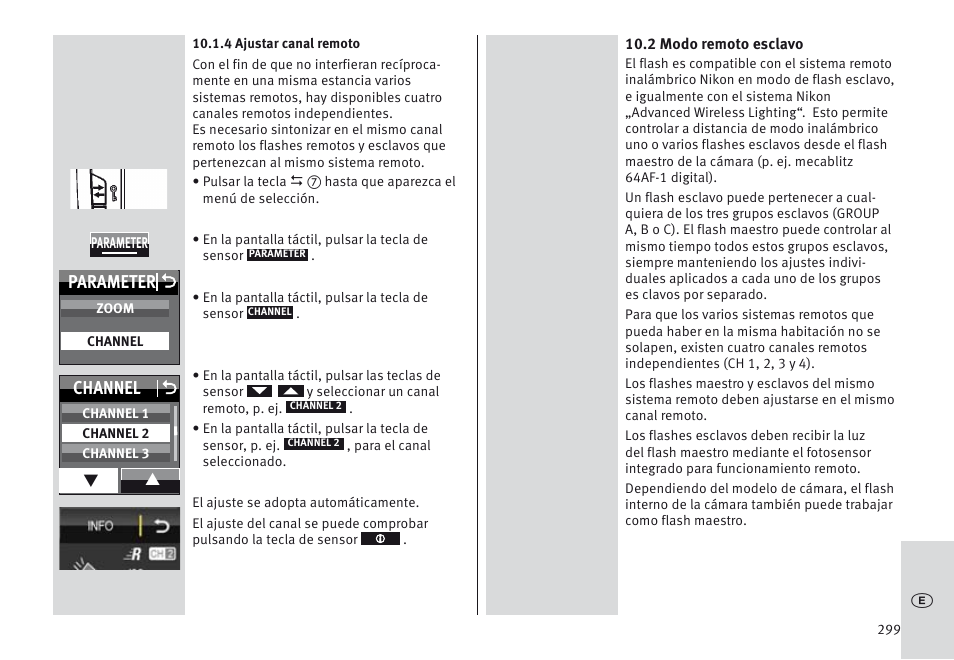 Parameter o, Channel o | Metz MECABLITZ 64 AF-1 digital Nikon User Manual | Page 299 / 334