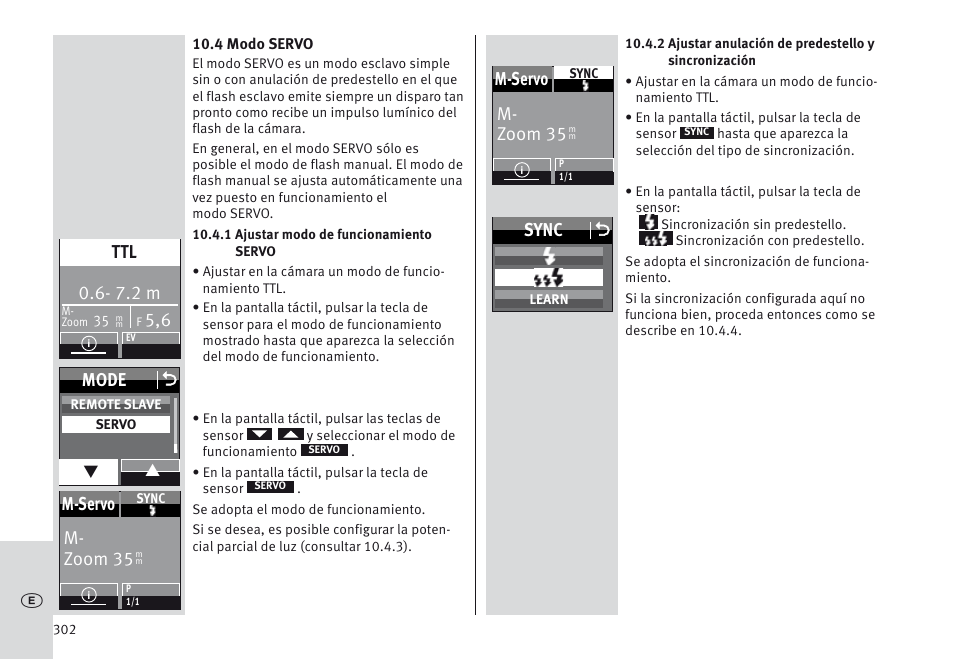 7.2 m, Mode o, M- zoom 35 m-servo | Sync o | Metz MECABLITZ 64 AF-1 digital Nikon User Manual | Page 302 / 334