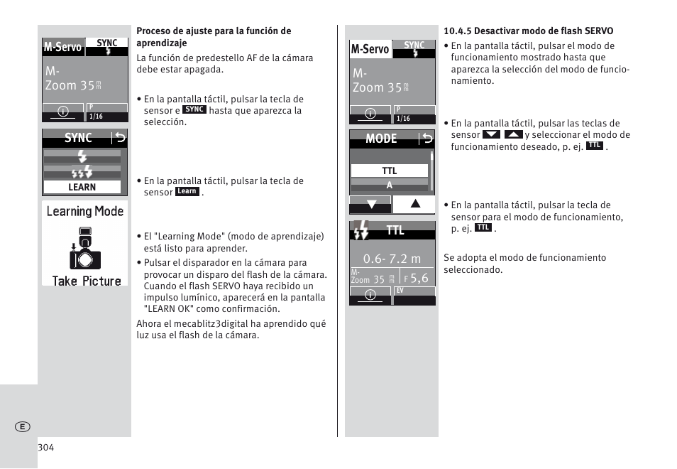 M- zoom 35 m-servo, Sync o, Mode o | 7.2 m | Metz MECABLITZ 64 AF-1 digital Nikon User Manual | Page 304 / 334