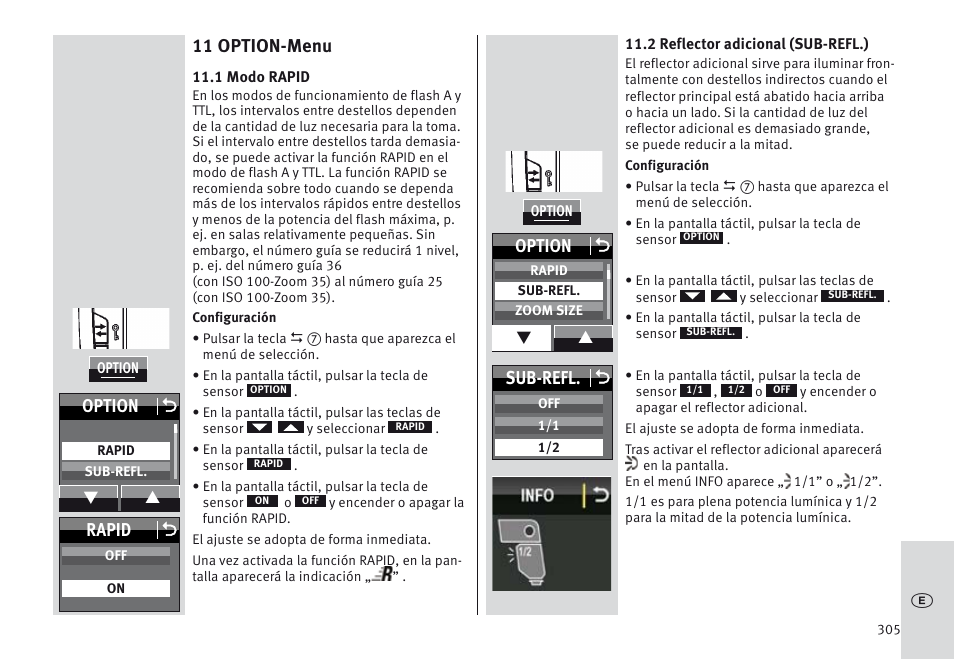 11 option-menu, Option o, Rapid o | Sub-refl. o | Metz MECABLITZ 64 AF-1 digital Nikon User Manual | Page 305 / 334