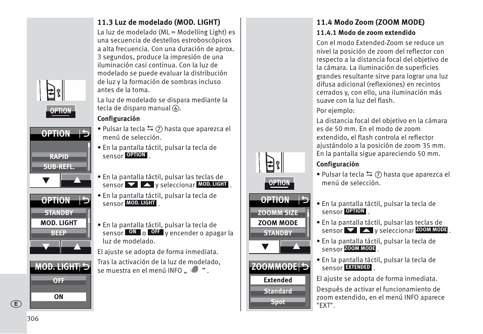 Mod. light o, Option o, Zoommode o | Metz MECABLITZ 64 AF-1 digital Nikon User Manual | Page 306 / 334