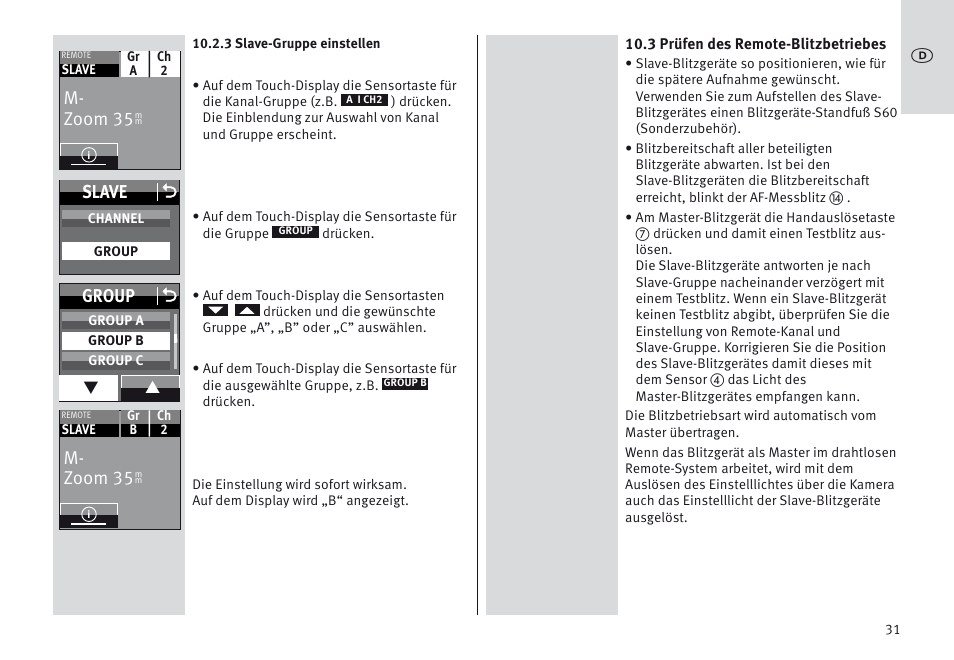 M- zoom 35, Slave o, Group o | Metz MECABLITZ 64 AF-1 digital Nikon User Manual | Page 31 / 334