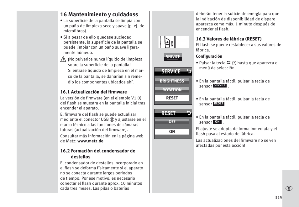 16 mantenimiento y cuidadoss, Service o, Reset o | Metz MECABLITZ 64 AF-1 digital Nikon User Manual | Page 319 / 334