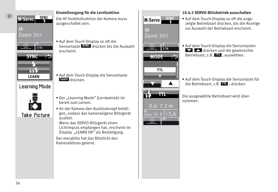 M- zoom 35 m-servo, Sync o, Mode o | 7.2 m | Metz MECABLITZ 64 AF-1 digital Nikon User Manual | Page 34 / 334