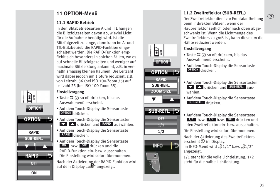 11 option-menü, Option o, Rapid o | Sub-refl. o | Metz MECABLITZ 64 AF-1 digital Nikon User Manual | Page 35 / 334