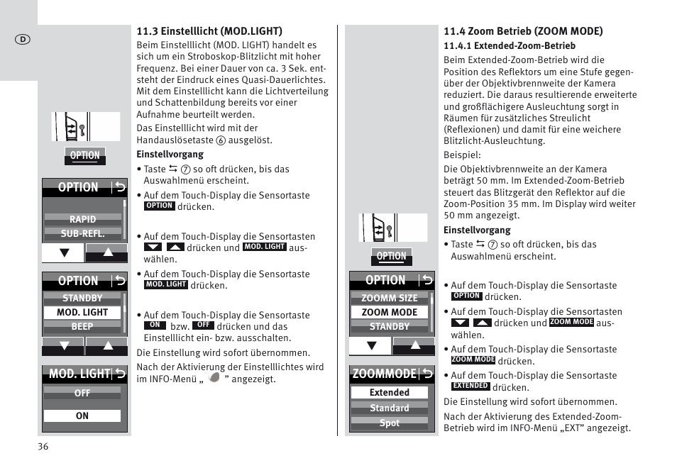 Mod. light o, Option o, Zoommode o | Metz MECABLITZ 64 AF-1 digital Nikon User Manual | Page 36 / 334