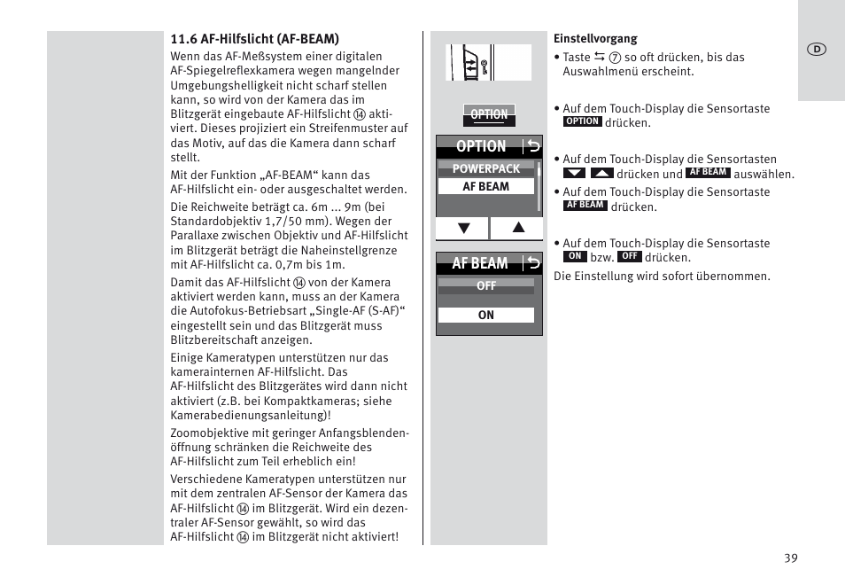 Option o, Af beam o | Metz MECABLITZ 64 AF-1 digital Nikon User Manual | Page 39 / 334