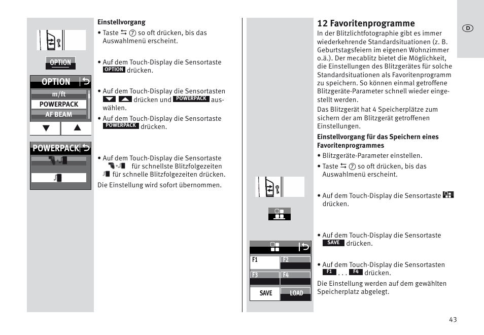 12 favoritenprogramme, Powerpack o option o | Metz MECABLITZ 64 AF-1 digital Nikon User Manual | Page 43 / 334