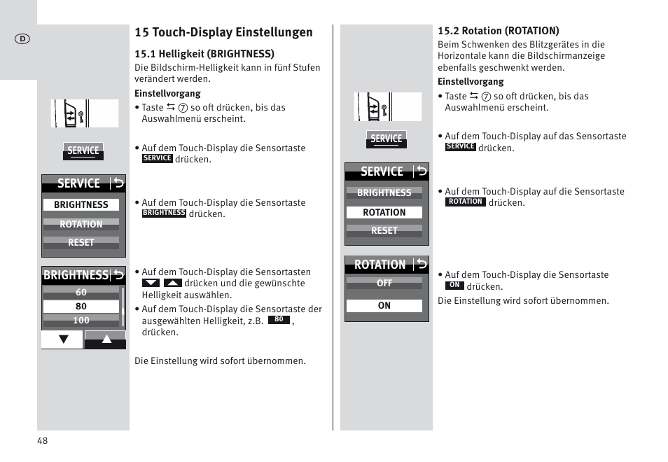 15 touch-display einstellungen, Service o, Brightness o | Rotation o | Metz MECABLITZ 64 AF-1 digital Nikon User Manual | Page 48 / 334