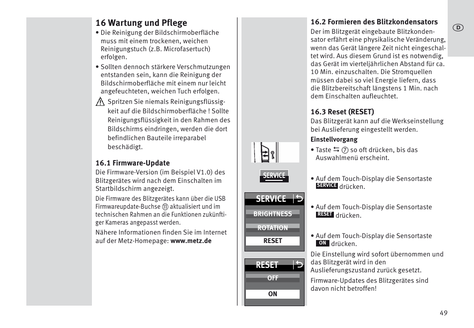 16 wartung und pflege, Service o, Reset o | Metz MECABLITZ 64 AF-1 digital Nikon User Manual | Page 49 / 334
