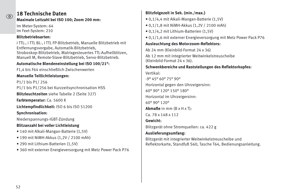 18 technische daten | Metz MECABLITZ 64 AF-1 digital Nikon User Manual | Page 52 / 334