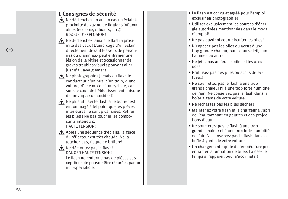 1 consignes de sécurité | Metz MECABLITZ 64 AF-1 digital Nikon User Manual | Page 58 / 334