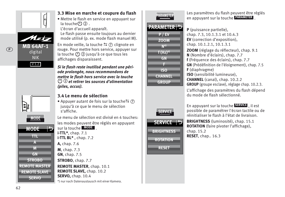 Mb 64af-1, Parameter o, Mode o | Service o | Metz MECABLITZ 64 AF-1 digital Nikon User Manual | Page 62 / 334