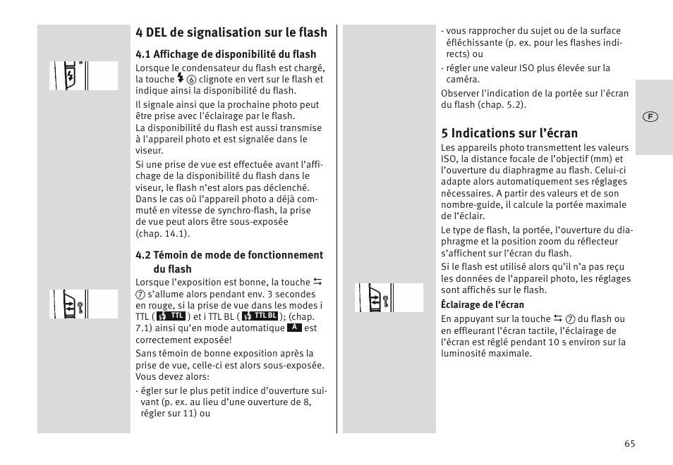 4 del de signalisation sur le flash, 5 indications sur l’écran | Metz MECABLITZ 64 AF-1 digital Nikon User Manual | Page 65 / 334