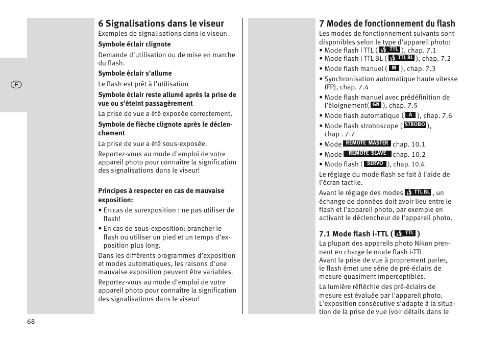 6 signalisations dans le viseur, 7 modes de fonctionnement du flash | Metz MECABLITZ 64 AF-1 digital Nikon User Manual | Page 68 / 334