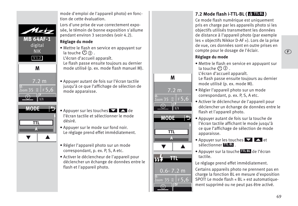 Mb 64af-1, Mode o, 7.2 m | Metz MECABLITZ 64 AF-1 digital Nikon User Manual | Page 69 / 334