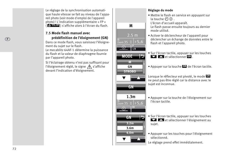 Mode o, Gn 1.3m, Gn o | Metz MECABLITZ 64 AF-1 digital Nikon User Manual | Page 72 / 334