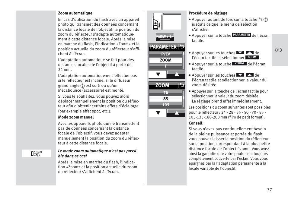 Parameter o, Zoom o | Metz MECABLITZ 64 AF-1 digital Nikon User Manual | Page 77 / 334