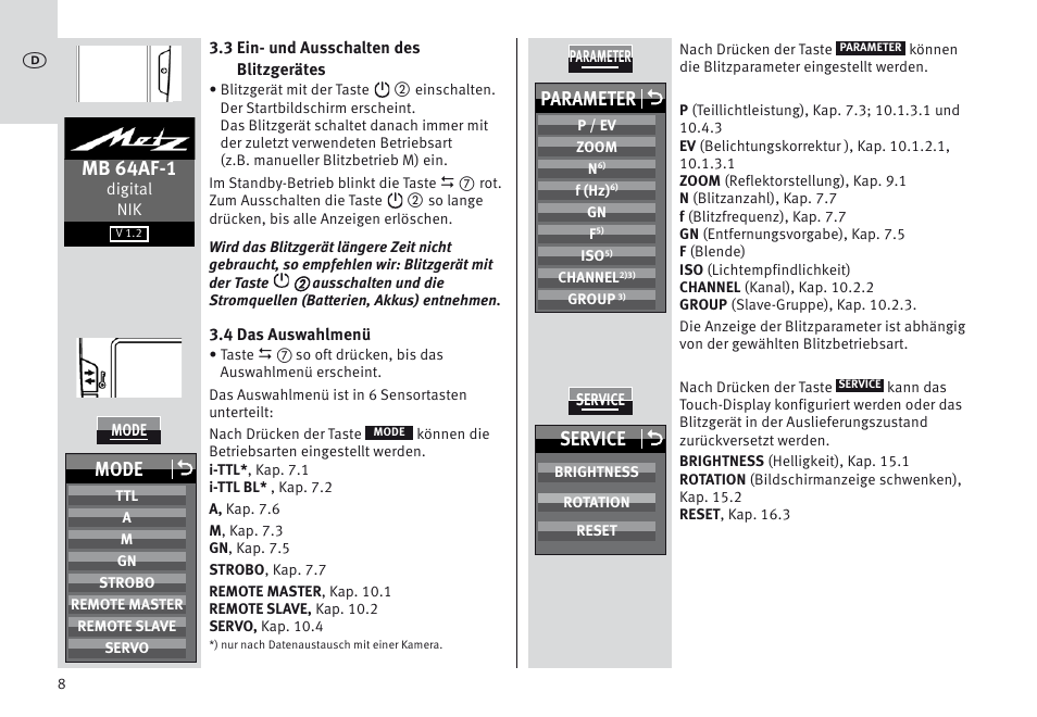 Mb 64af-1, Parameter o, Mode o | Service o | Metz MECABLITZ 64 AF-1 digital Nikon User Manual | Page 8 / 334