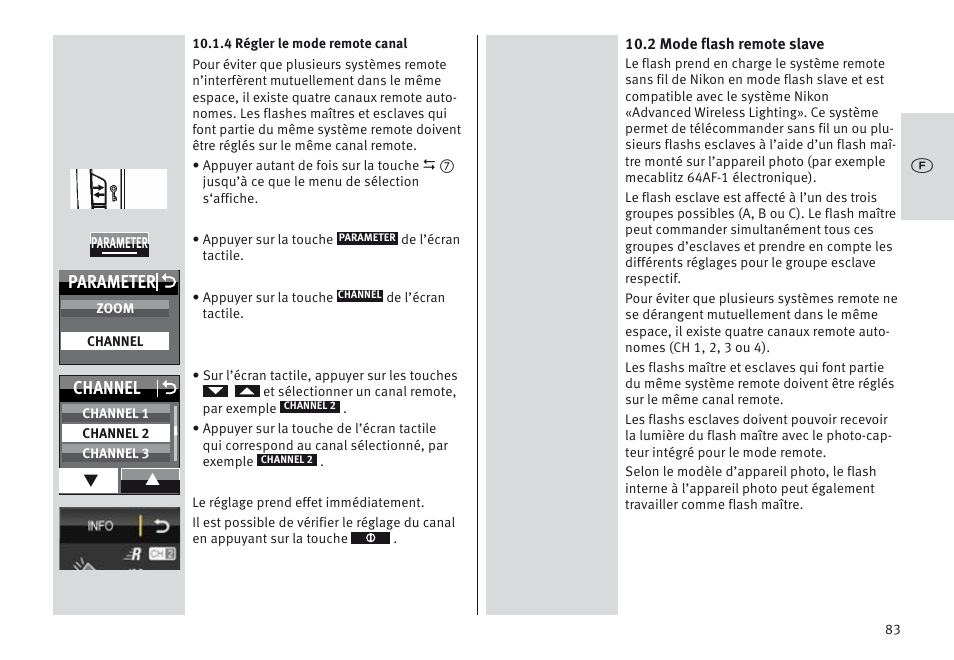 Parameter o, Channel o | Metz MECABLITZ 64 AF-1 digital Nikon User Manual | Page 83 / 334