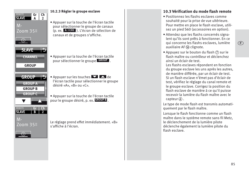M- zoom 35, Slave o, Group o | Metz MECABLITZ 64 AF-1 digital Nikon User Manual | Page 85 / 334
