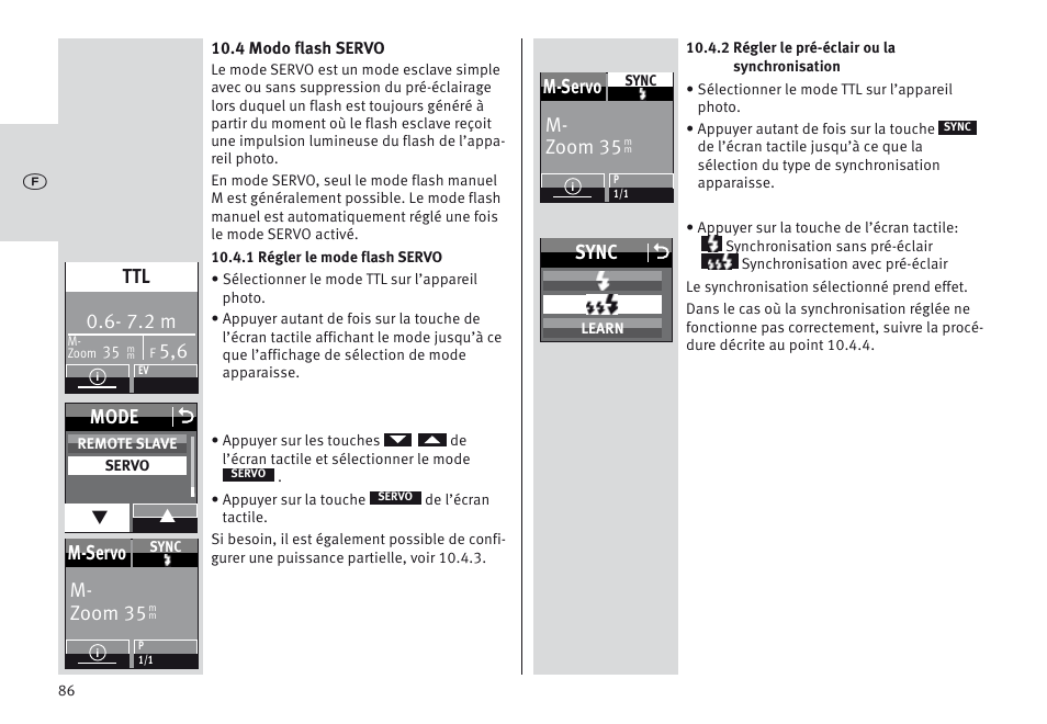 7.2 m, Mode o, M- zoom 35 m-servo | Sync o | Metz MECABLITZ 64 AF-1 digital Nikon User Manual | Page 86 / 334