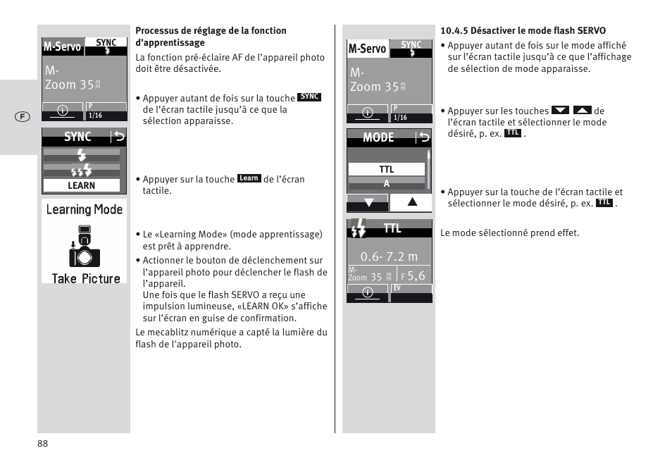 M- zoom 35 m-servo, Sync o, Mode o | 7.2 m | Metz MECABLITZ 64 AF-1 digital Nikon User Manual | Page 88 / 334