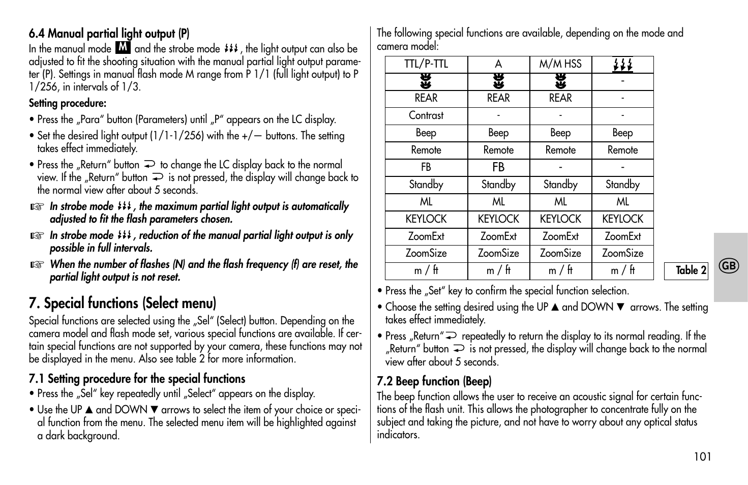 Special functions (select menu) | Metz MECABLITZ 58 AF-1 digital Pentax User Manual | Page 101 / 190