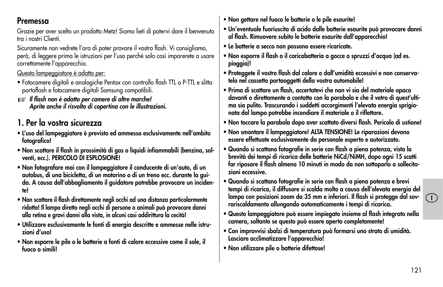 Premessa, Per la vostra sicurezza | Metz MECABLITZ 58 AF-1 digital Pentax User Manual | Page 121 / 190