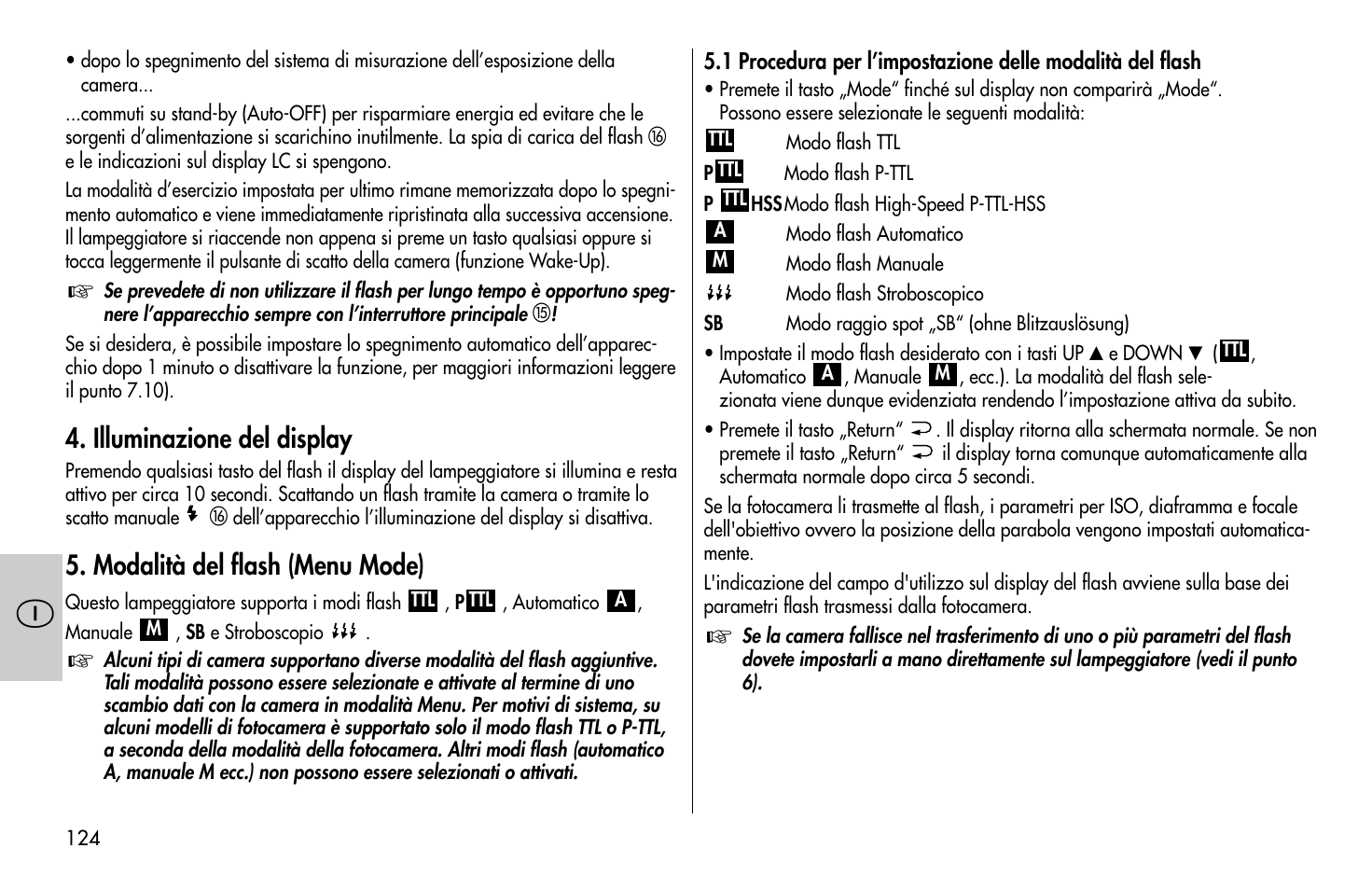 Illuminazione del display, Modalità del flash (menu mode) | Metz MECABLITZ 58 AF-1 digital Pentax User Manual | Page 124 / 190