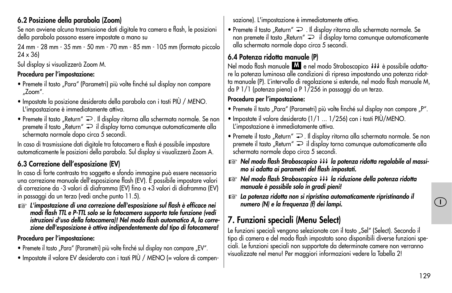 Funzioni speciali (menu select) | Metz MECABLITZ 58 AF-1 digital Pentax User Manual | Page 129 / 190