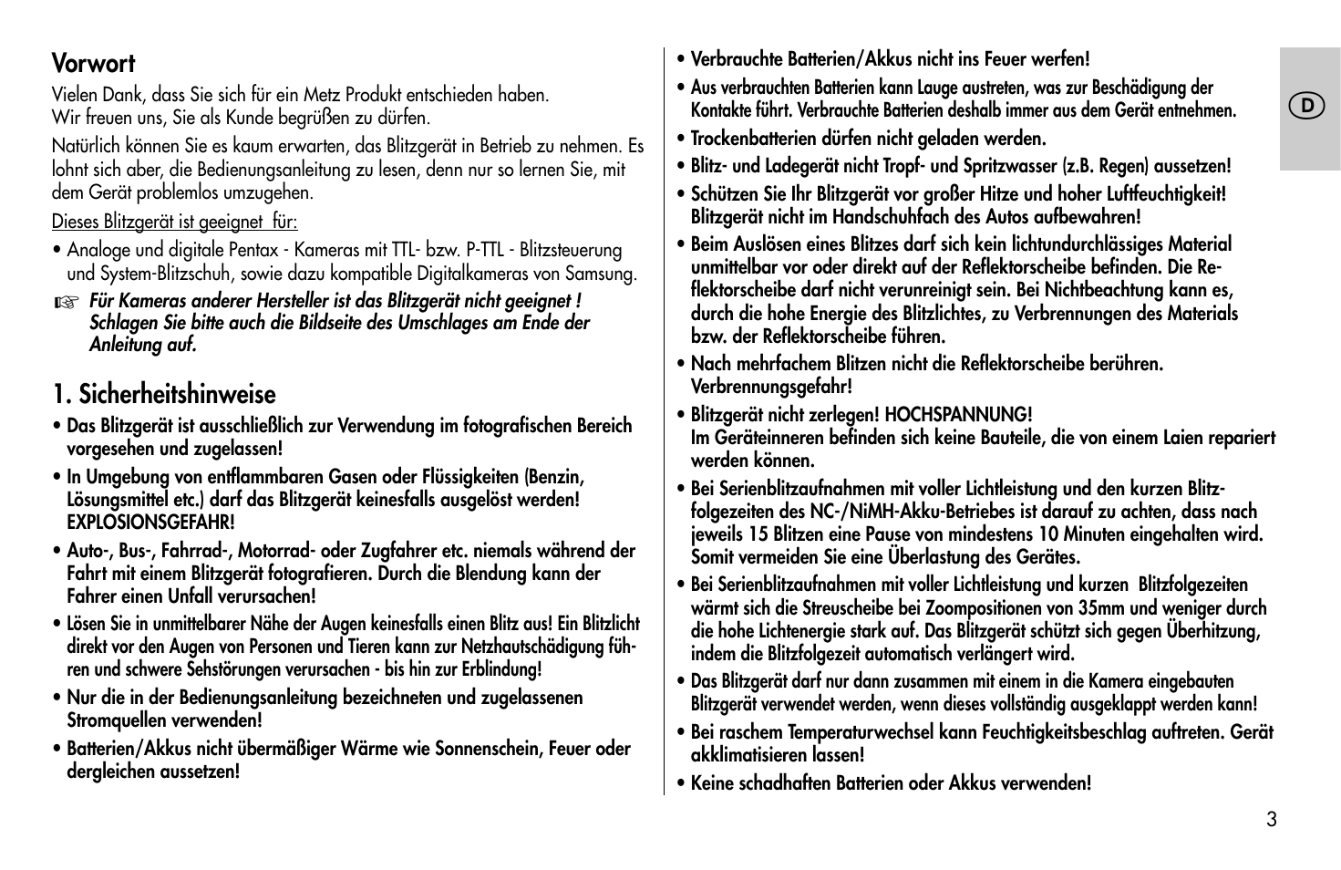 Vorwort, Sicherheitshinweise | Metz MECABLITZ 58 AF-1 digital Pentax User Manual | Page 3 / 190