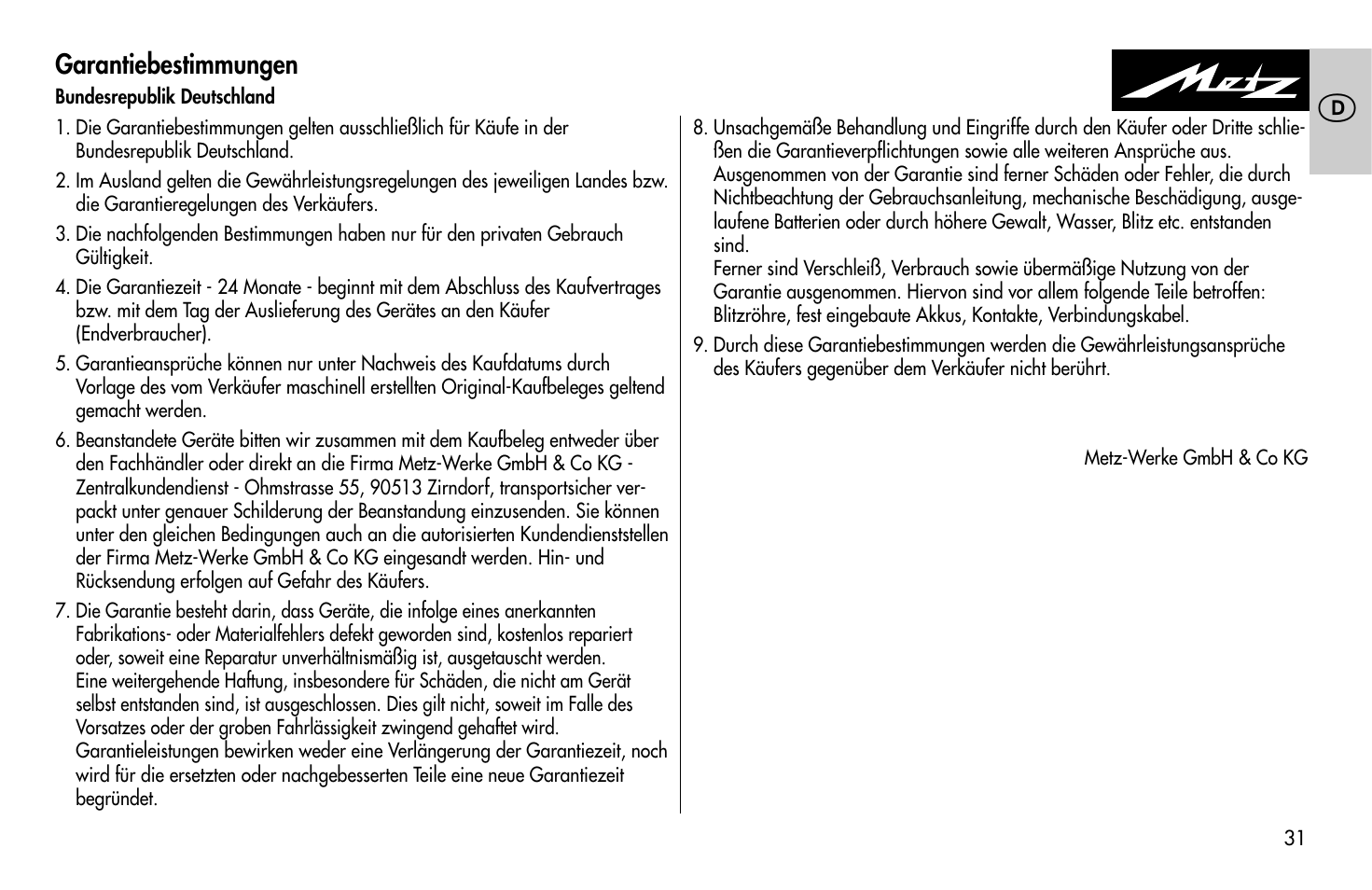 Garantiebestimmungen | Metz MECABLITZ 58 AF-1 digital Pentax User Manual | Page 31 / 190