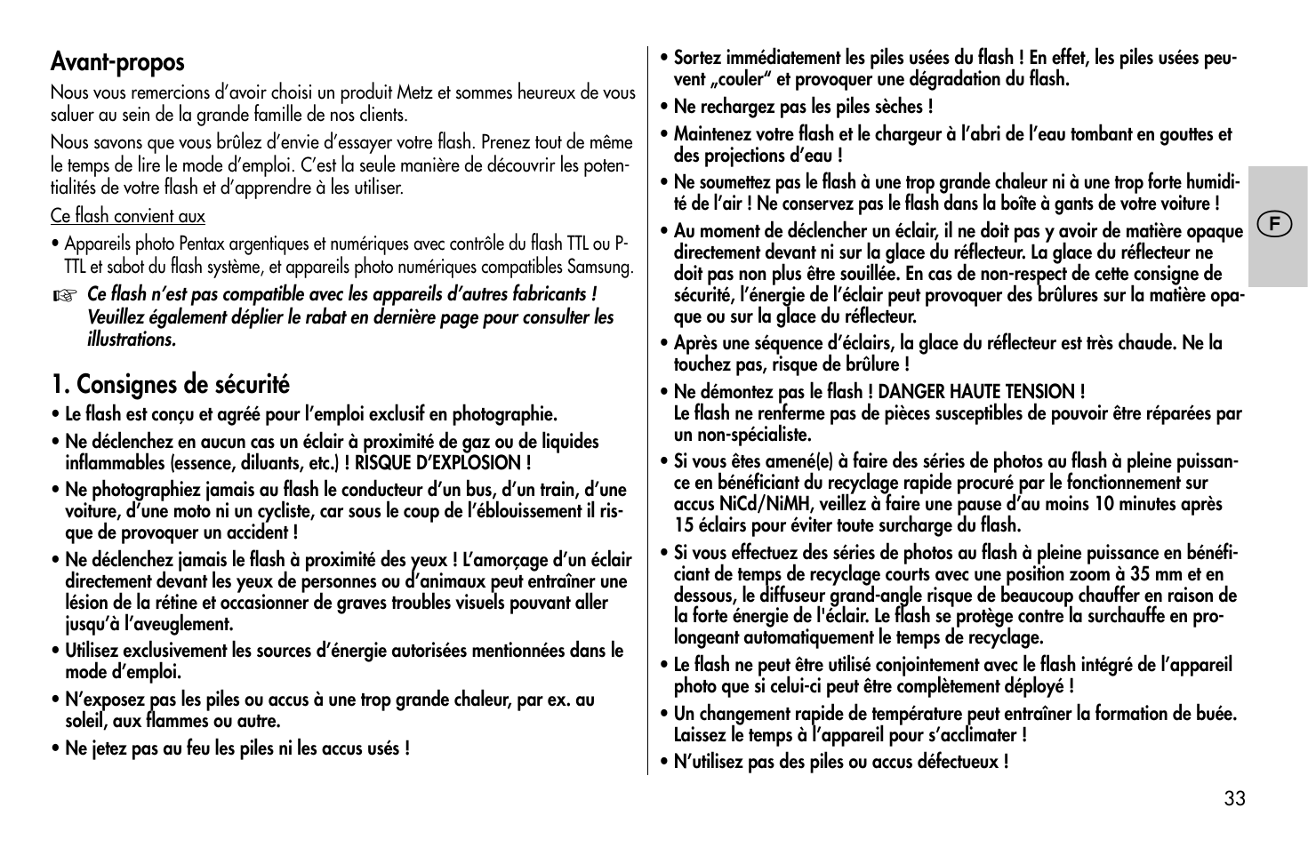 Avant-propos, Consignes de sécurité | Metz MECABLITZ 58 AF-1 digital Pentax User Manual | Page 33 / 190