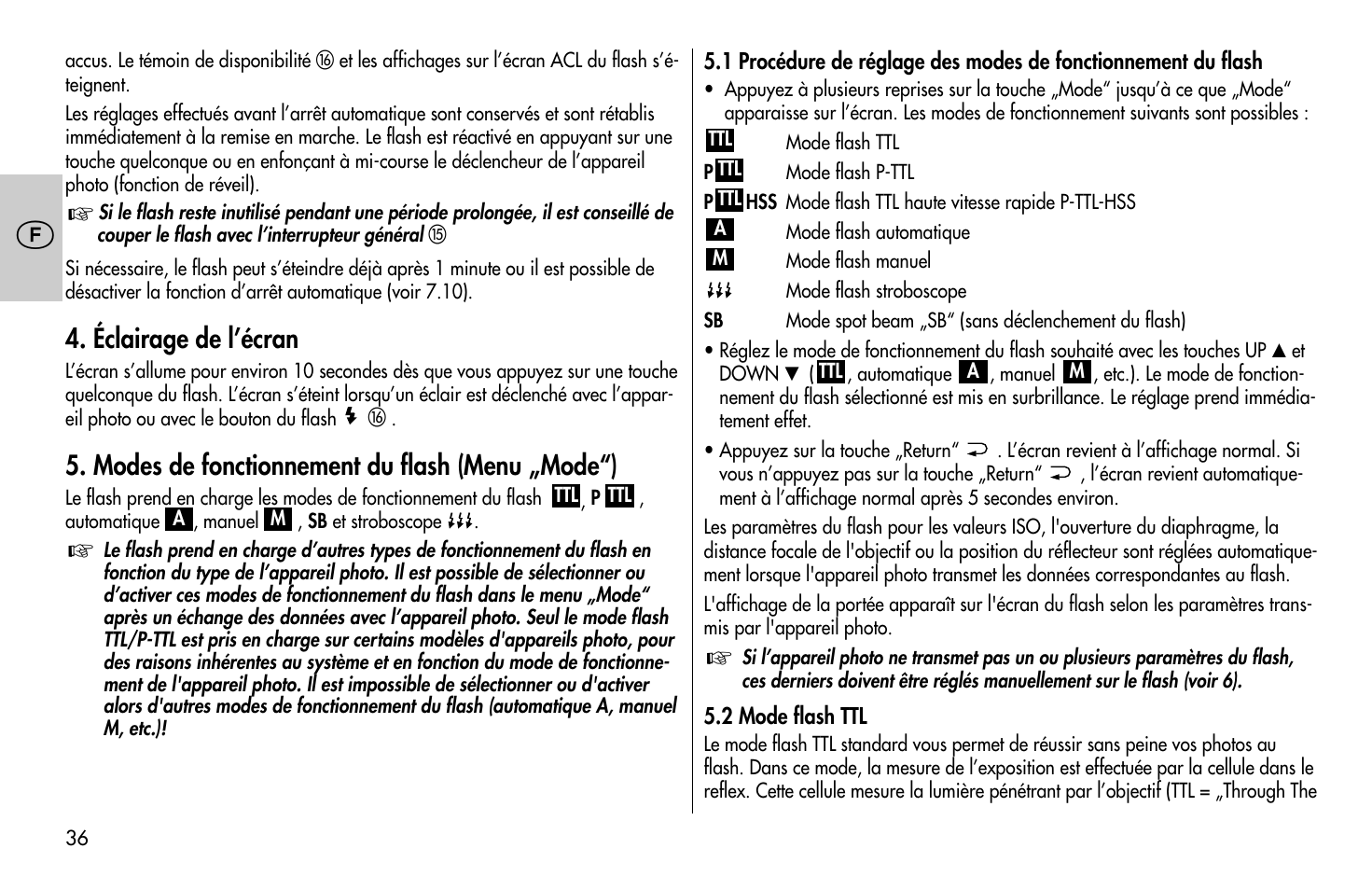 Éclairage de l’écran, Modes de fonctionnement du flash (menu „mode“) | Metz MECABLITZ 58 AF-1 digital Pentax User Manual | Page 36 / 190