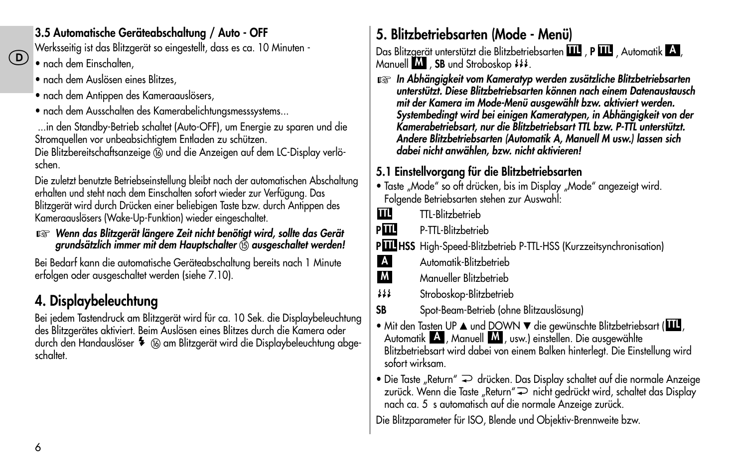 Displaybeleuchtung, Blitzbetriebsarten (mode - menü) | Metz MECABLITZ 58 AF-1 digital Pentax User Manual | Page 6 / 190