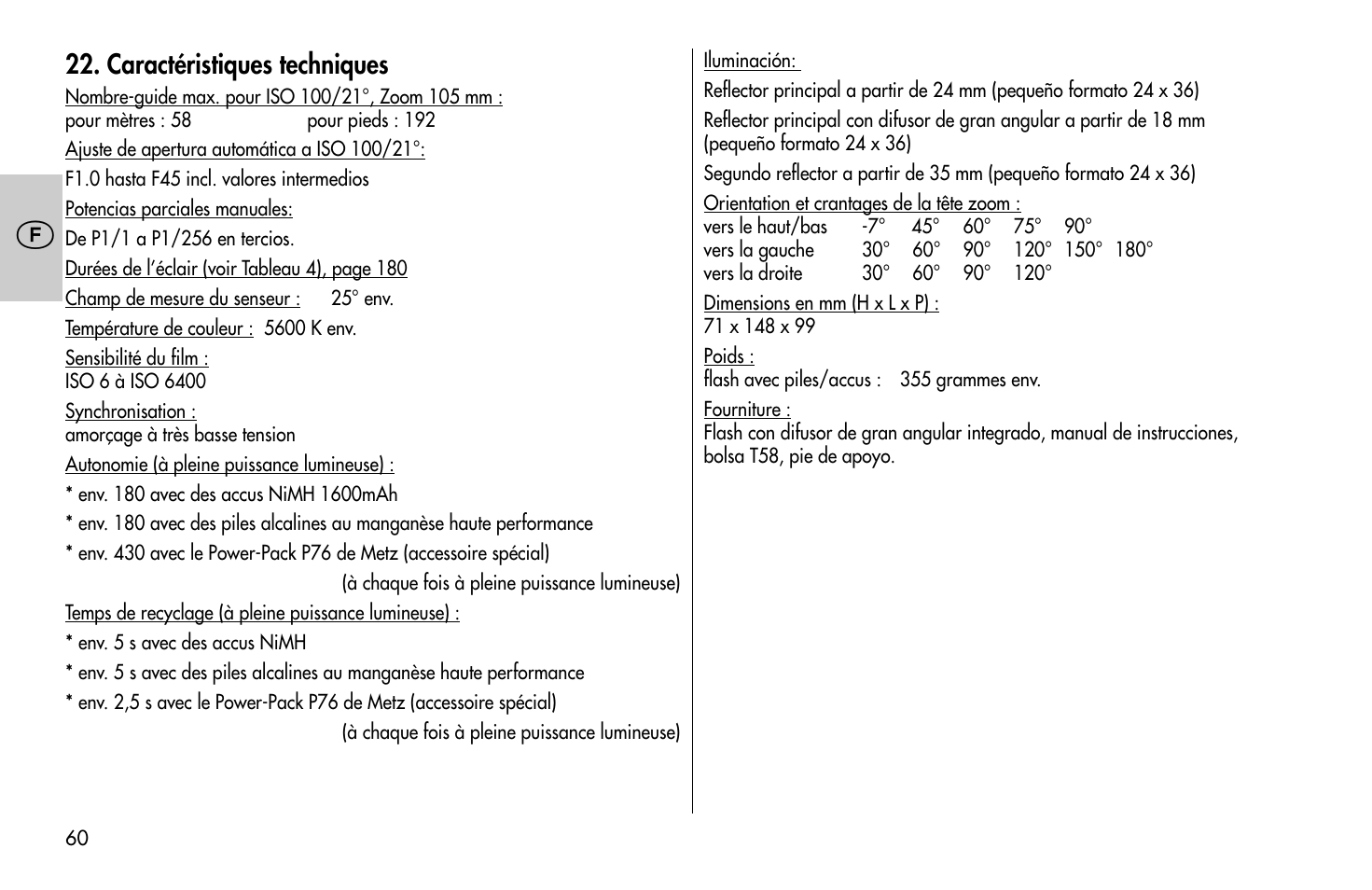 Caractéristiques techniques | Metz MECABLITZ 58 AF-1 digital Pentax User Manual | Page 60 / 190