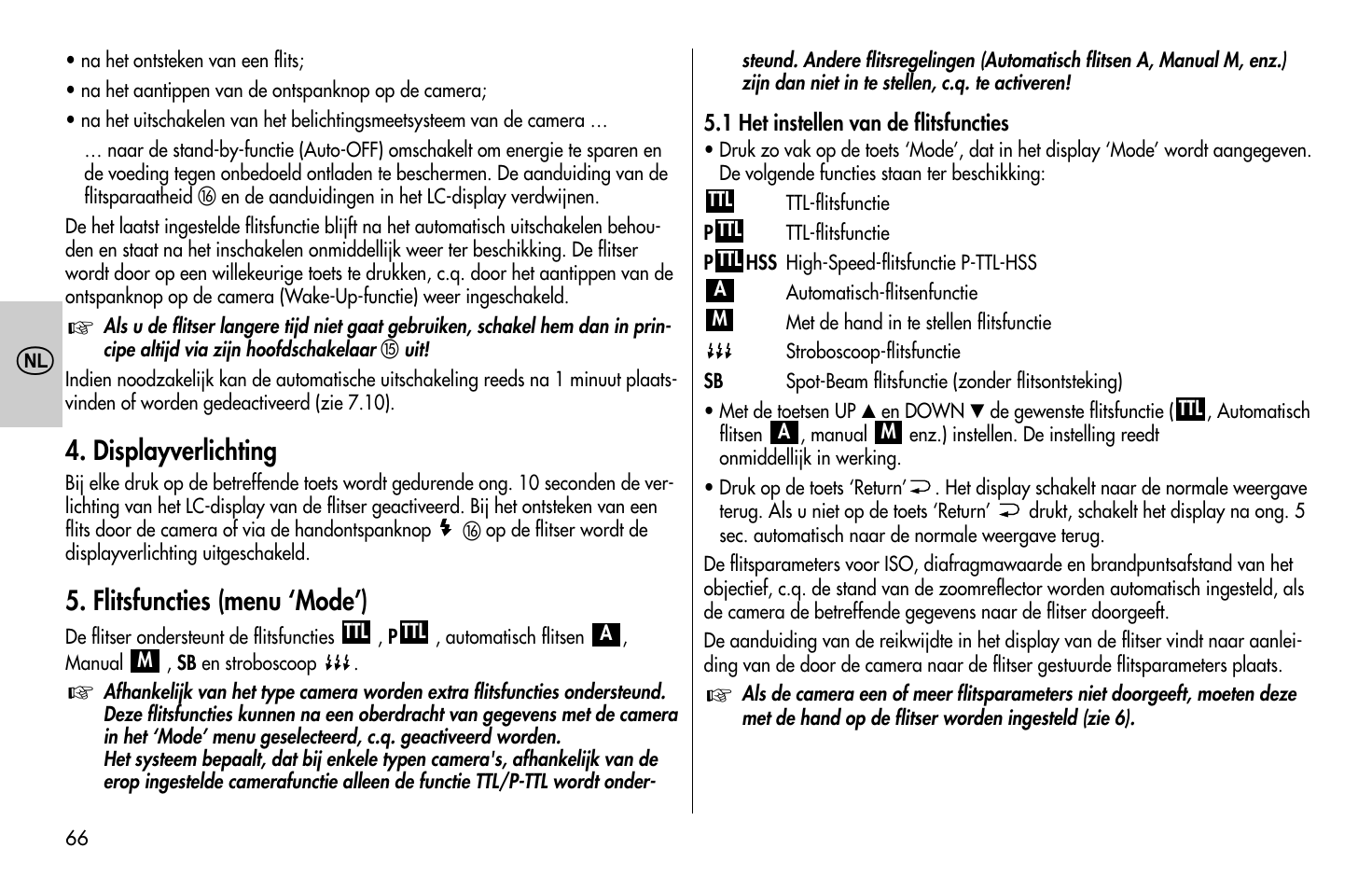 Displayverlichting, Flitsfuncties (menu ‘mode’) | Metz MECABLITZ 58 AF-1 digital Pentax User Manual | Page 66 / 190