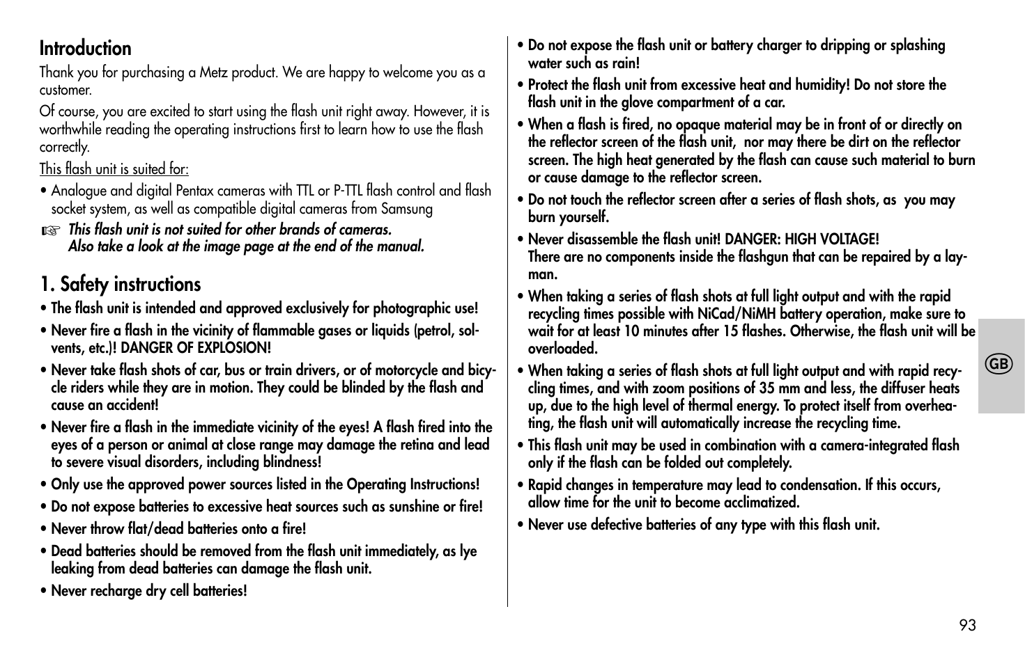 Introduction, Safety instructions | Metz MECABLITZ 58 AF-1 digital Pentax User Manual | Page 93 / 190