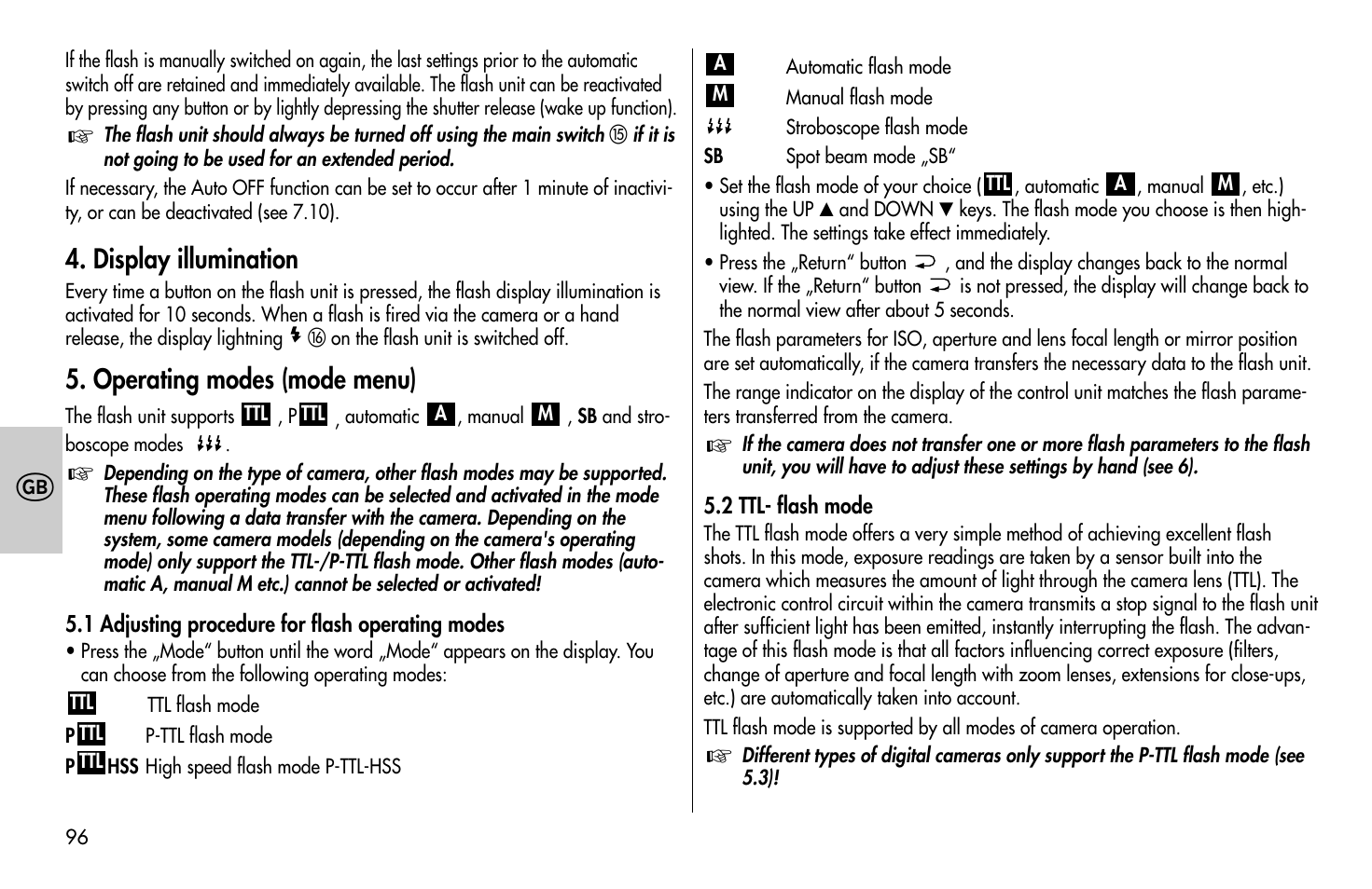 Display illumination, Operating modes (mode menu) | Metz MECABLITZ 58 AF-1 digital Pentax User Manual | Page 96 / 190