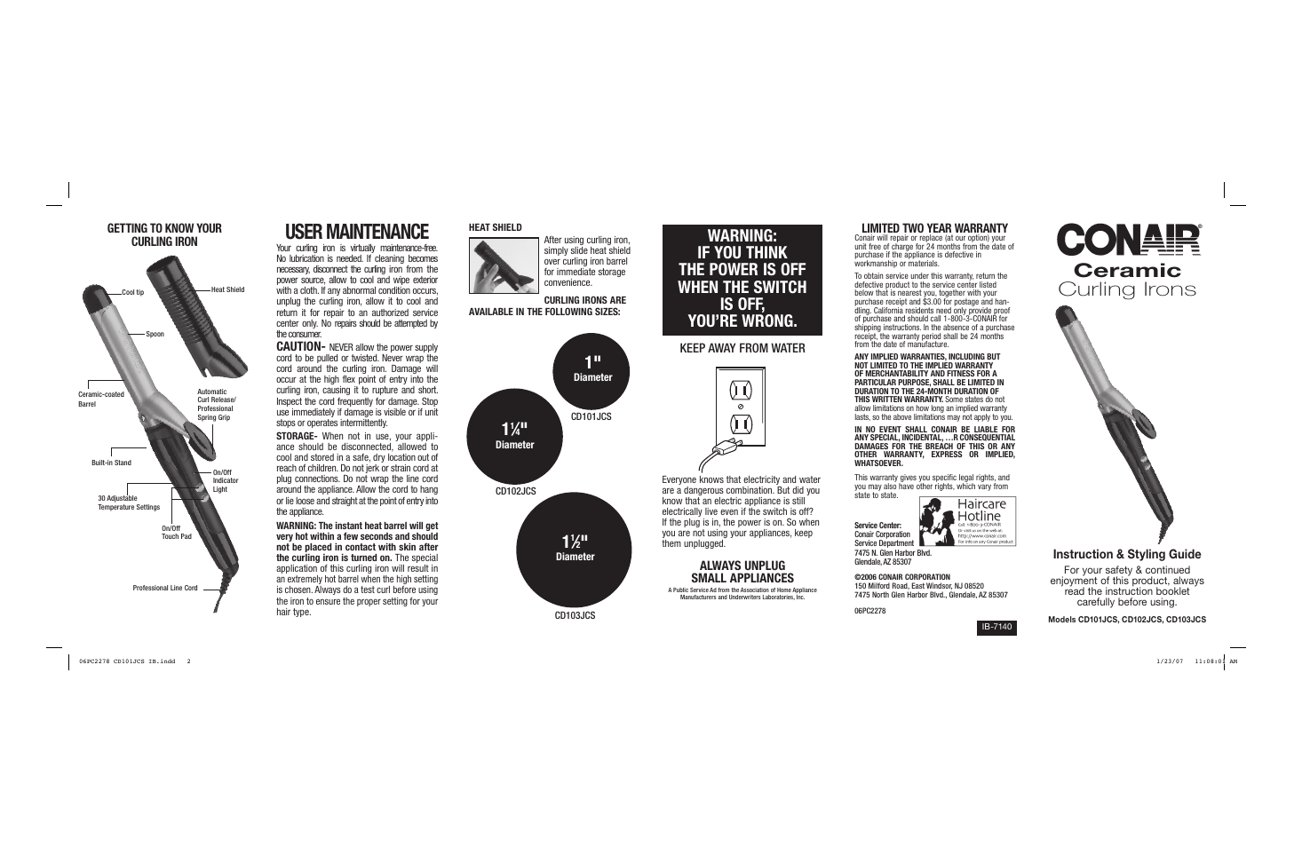 User maintenance, Ceramic curling irons | Conair CD103JCS User Manual | Page 2 / 2