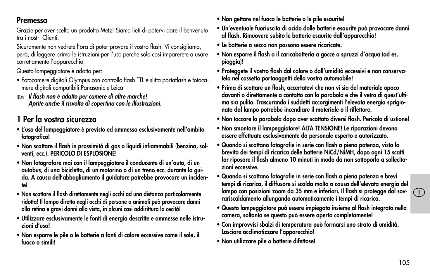 Premessa, 1 per la vostra sicurezza | Metz MECABLITZ 58 AF-1 digital Olympus User Manual | Page 105 / 166